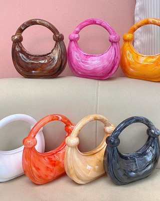 Acrylic Evening Clutch Purse Top-handle Moon Hobo Bag, Pillow Handbag Orange Red
