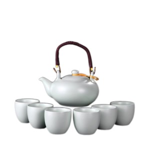 Light Celadon With Line Pattern  Pot With Handle Kungfu Tea Sets